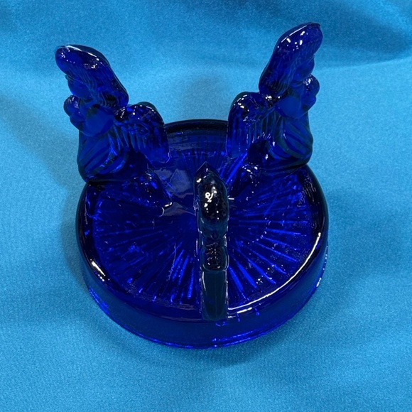 Vintage Cobalt Blue Glass Round with 3 Figural Praying Angels Candle Holder - Picture 2 of 10